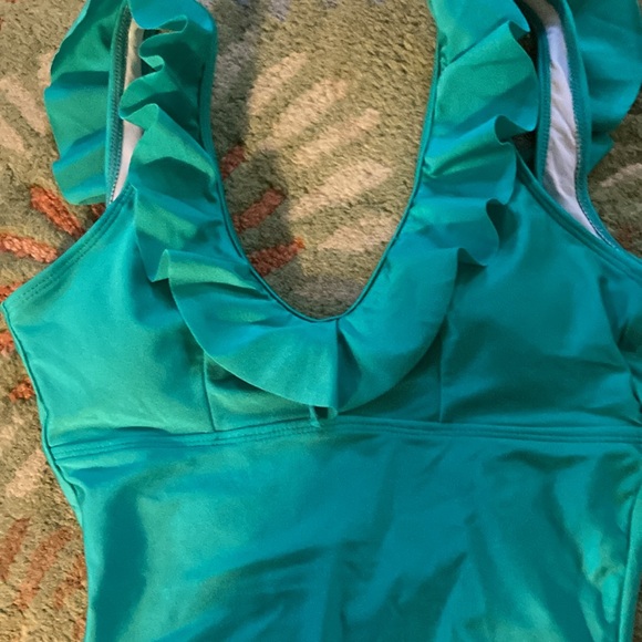Swim suit. NWT lovely “Cupshe “ turquoise/white with ruffles at neck and back - Picture 2 of 16